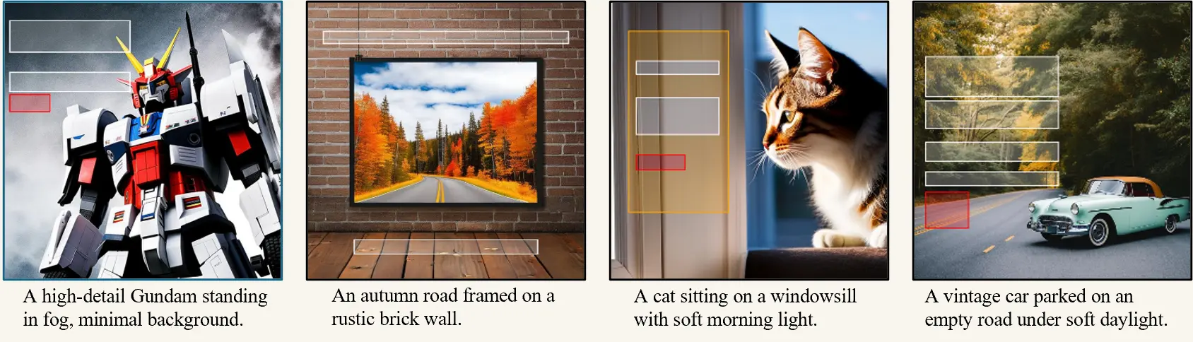 Four wide-format examples jointly generated as background images and foreground layouts by InterIL.